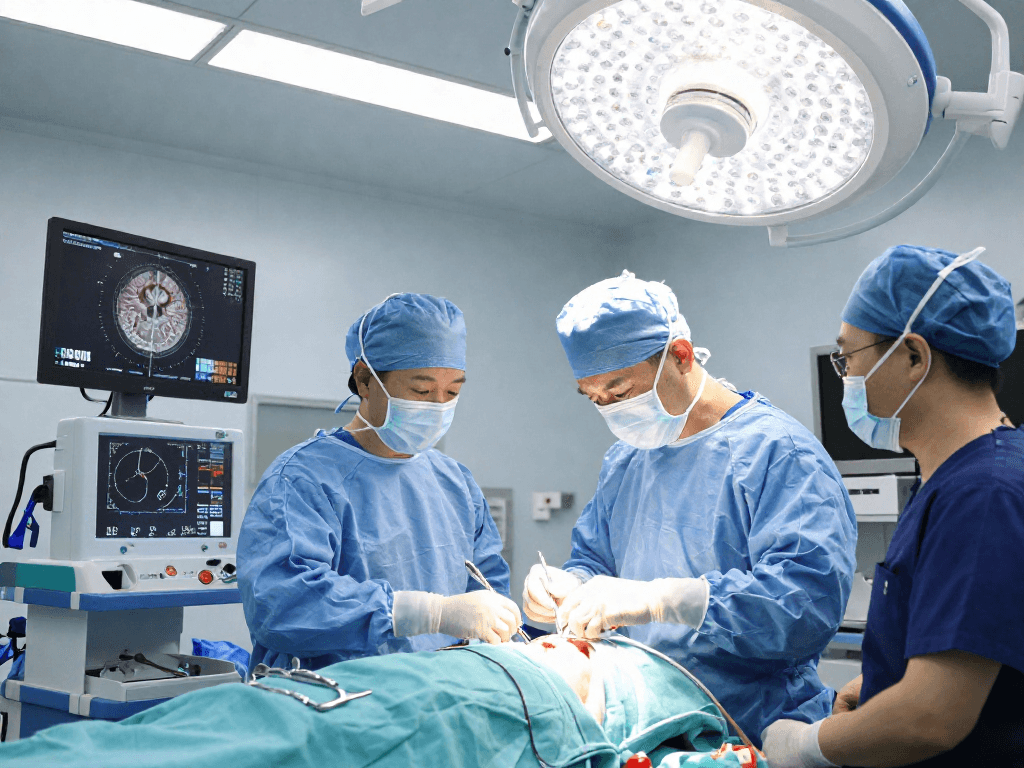 Beyin tümörü ameliyatı performed by a skilled surgeon in a sterile operating room with advanced instruments and a dedicated team.
