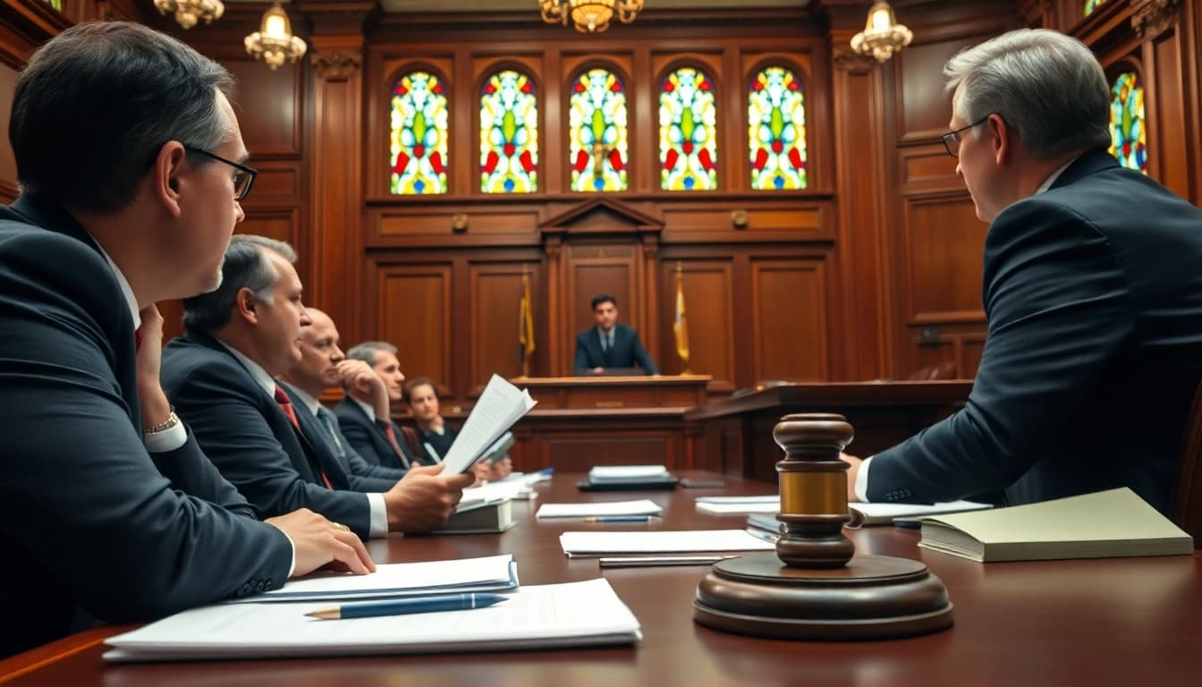 Engaged lawyers in a merchant cash advance lawsuit courtroom presentation.