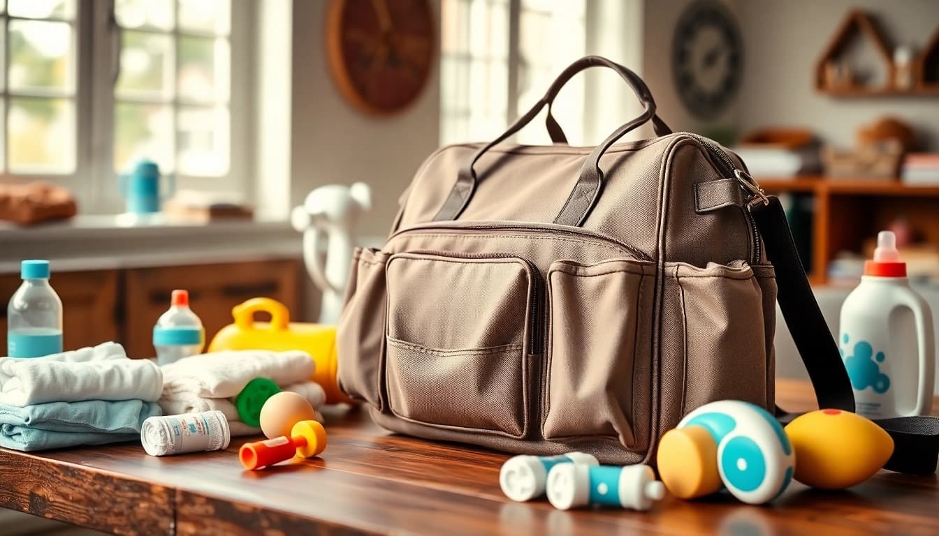 Showcasing the wrangler diaper bag with baby essentials, highlighting its design and functionality.