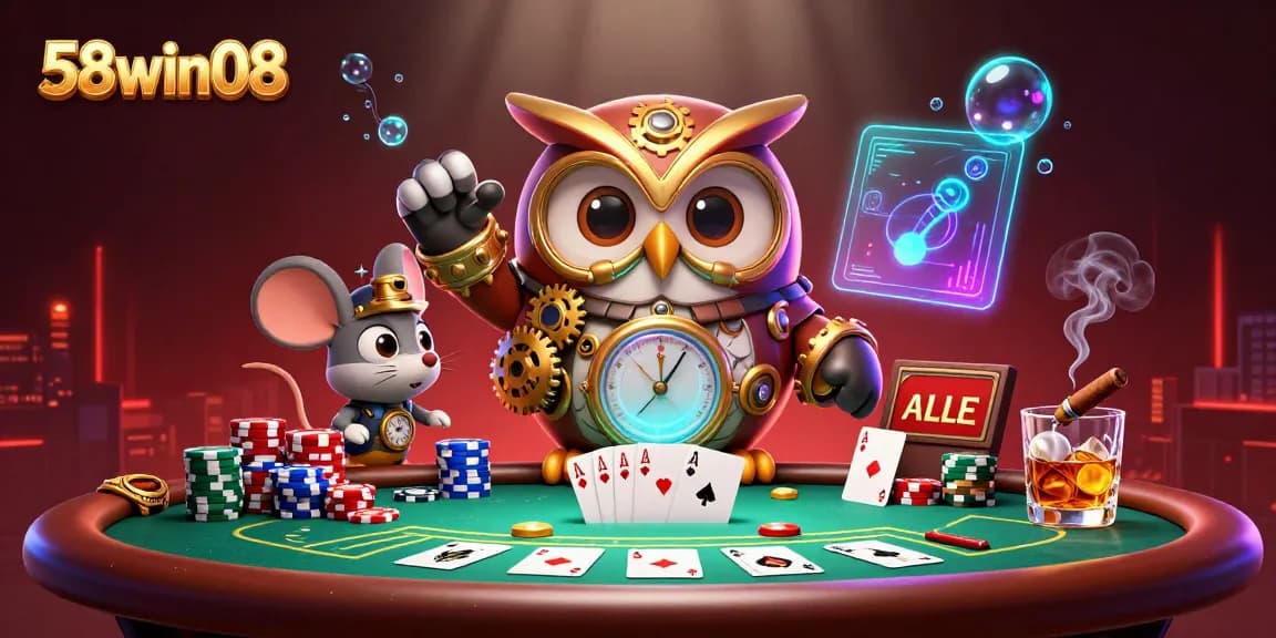 Engage with the vibrant 58win08 casino scene showcasing a time-traveler owl among poker elements.