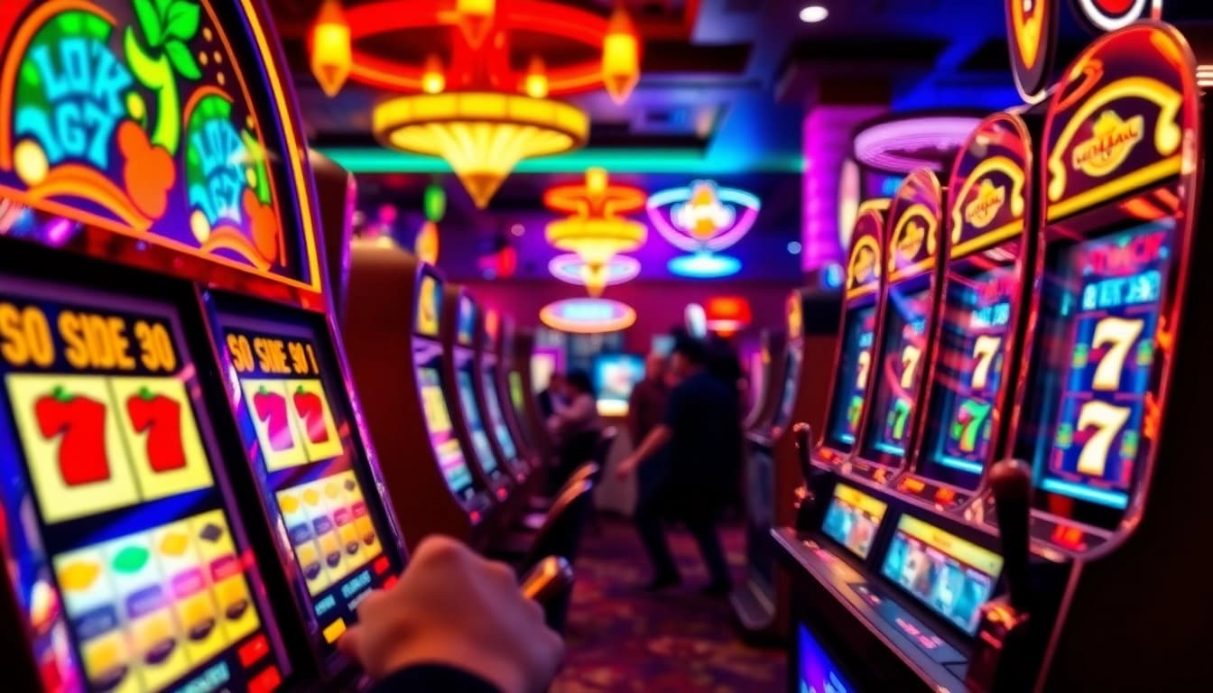 Engage in thrilling slot gambling with colorful machines and excited players in a lively casino.
