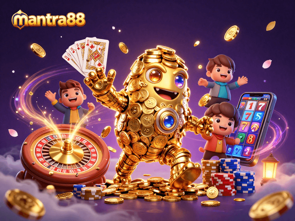 Engage with mantra88's high-stakes gaming adventure featuring a golden golem and dynamic casino elements.