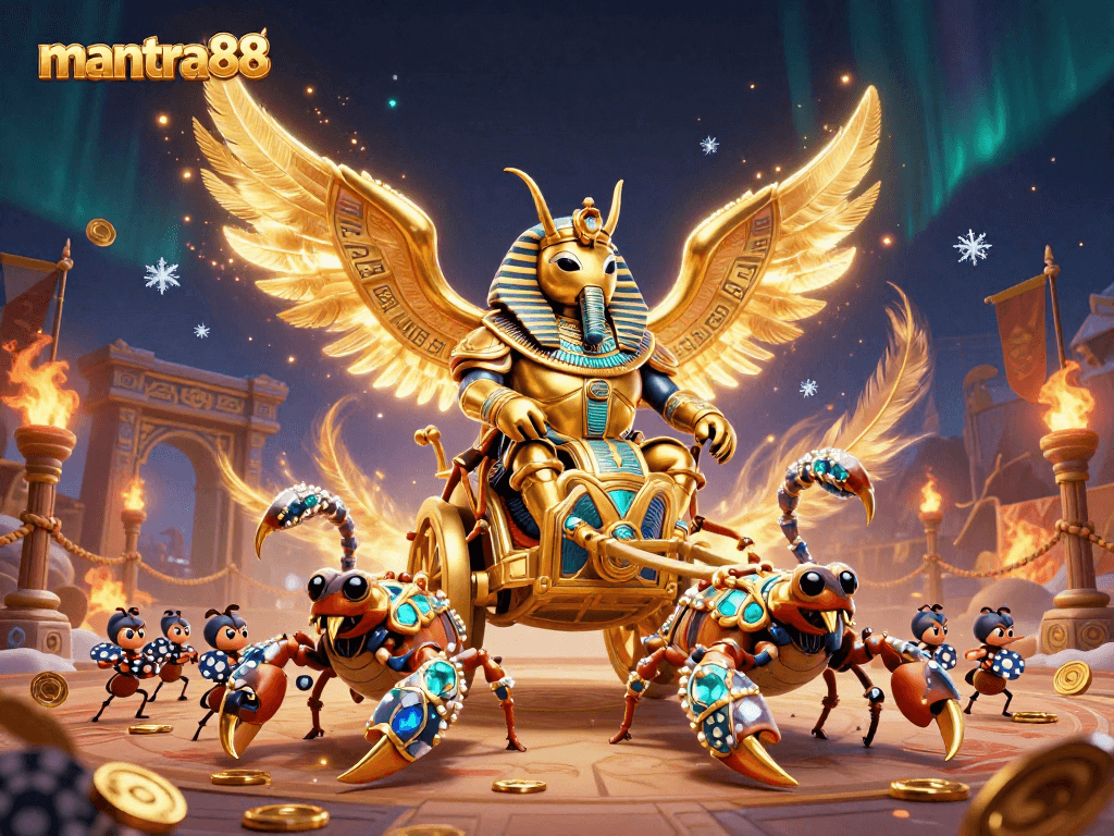 Experience thrilling excitement at mantra88 with a colossal golden scarab beetle leading an epic gambling battle.