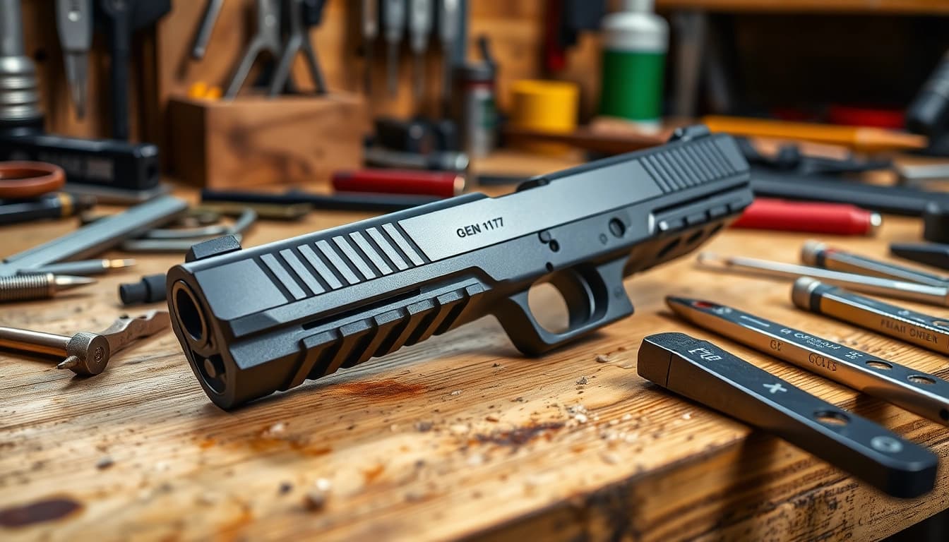 Examine the glock 17 gen 5 slide featuring detailed craftsmanship on a workbench.