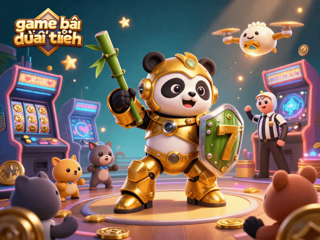 Experience game bài đổi thưởng in a vibrant 3D battle scene filled with colorful arcade elements and dynamic action.