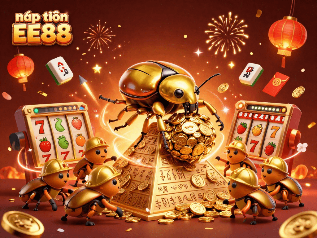 Experience nạp tiền EE88 with a festive 3D digital scene featuring legendary casino symbols and characters.