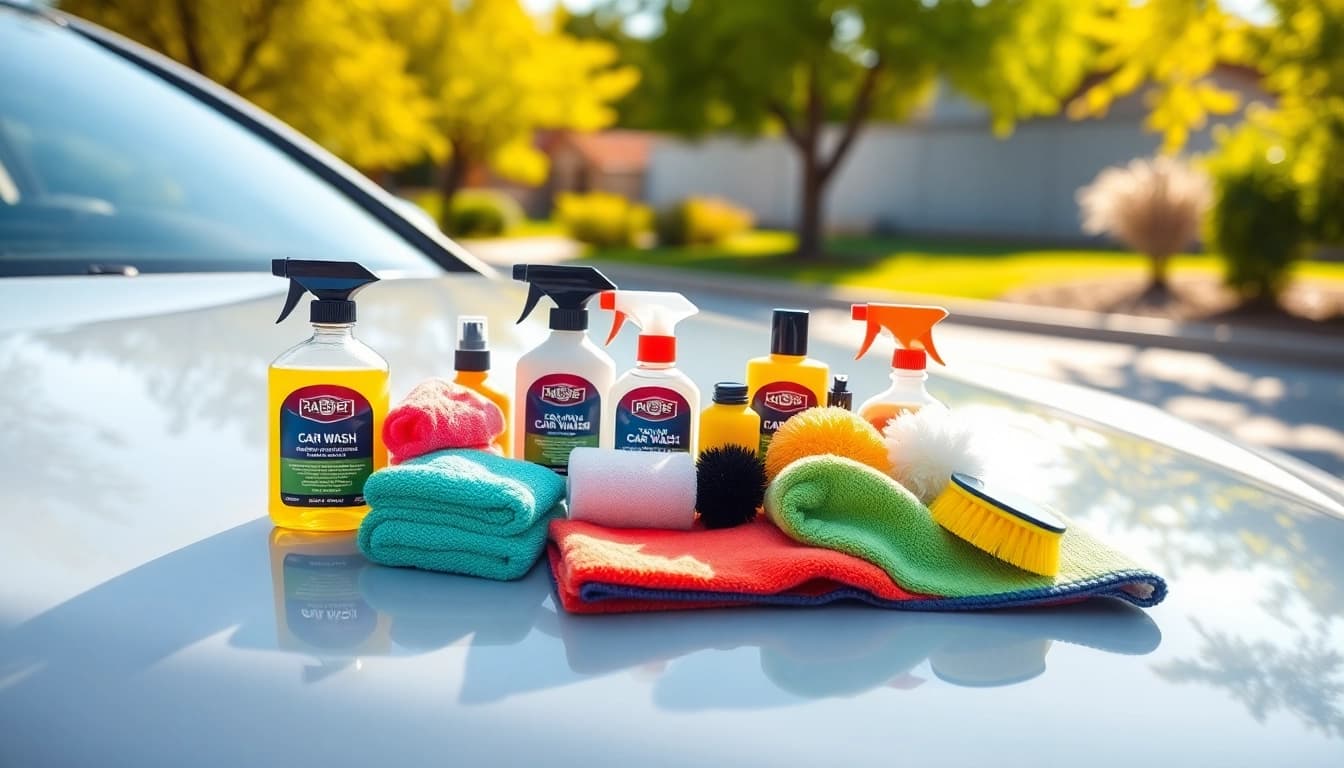 Showcasing a car wash kit for beginners with colorful products for effective cleaning.