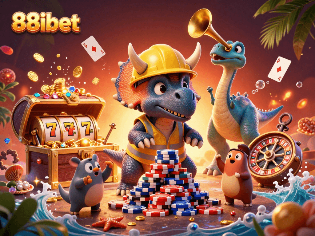 88ibet showcases a dynamic casino scene with triceratops and slot reels building a playful atmosphere.