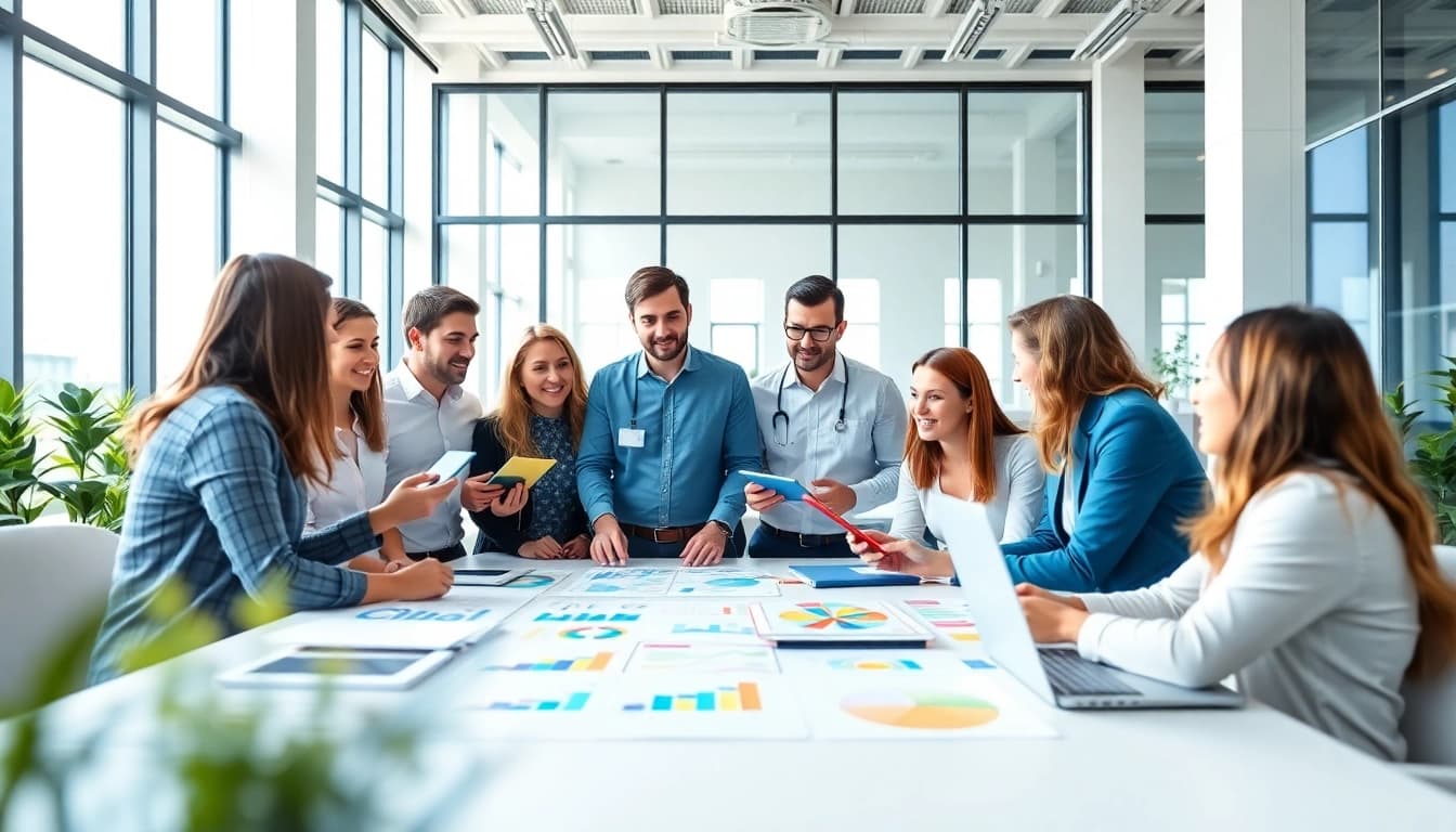 Social media agency team in a collaborative brainstorming session showcasing modern strategies.