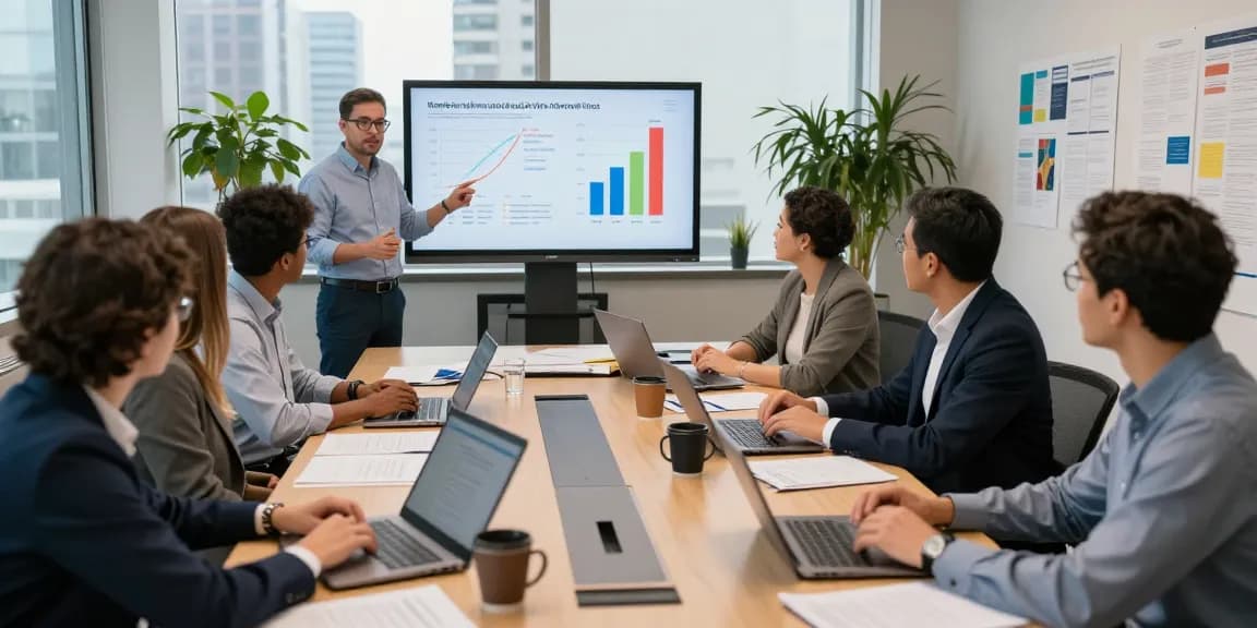Engaged team analyzing political reputation management strategies during a strategy meeting