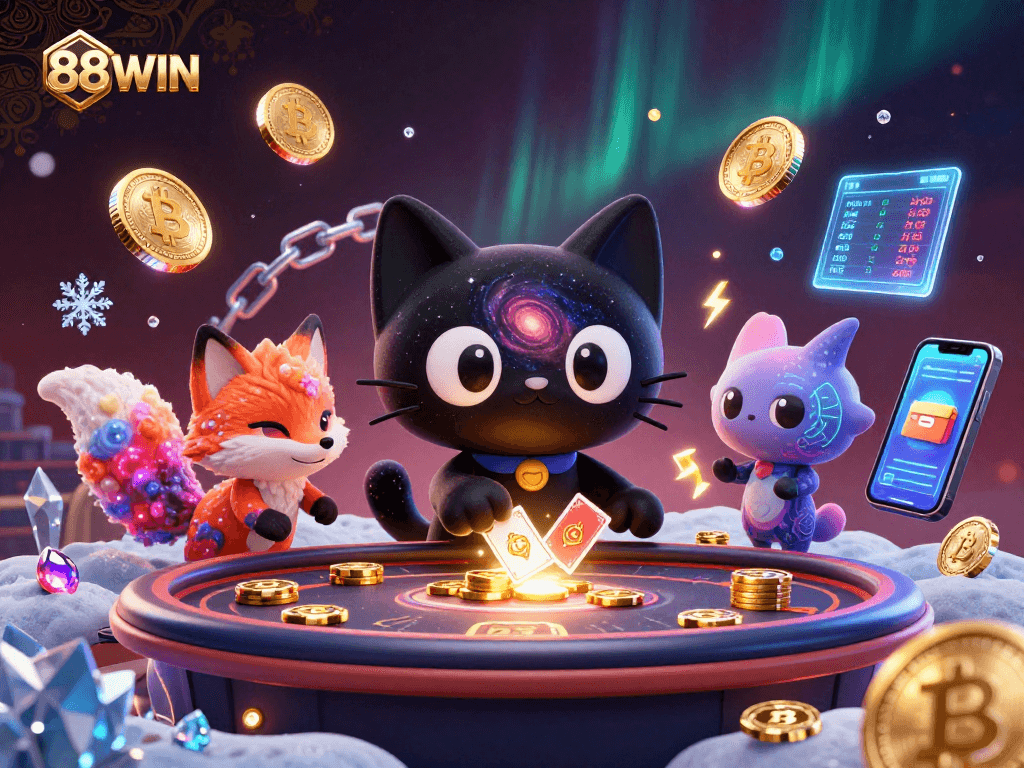 Experience gaming excitement with 88WIN at a cosmic casino table surrounded by vibrant crypto elements.
