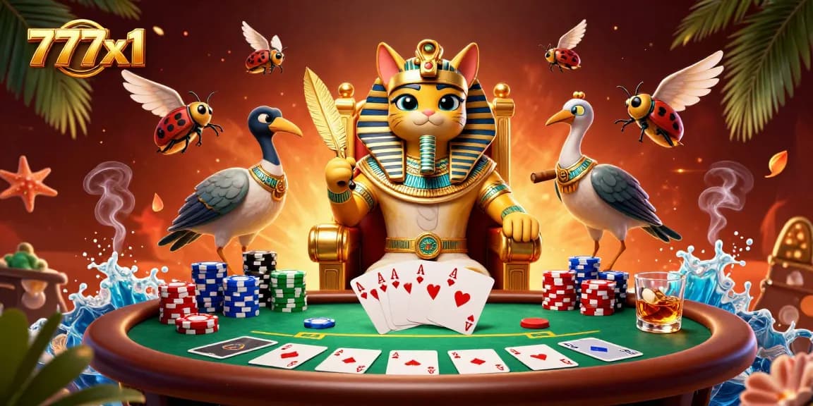 Engage with thrilling poker at 777x1, featuring a cartoon Egyptian pharaoh cat amidst vibrant game elements.