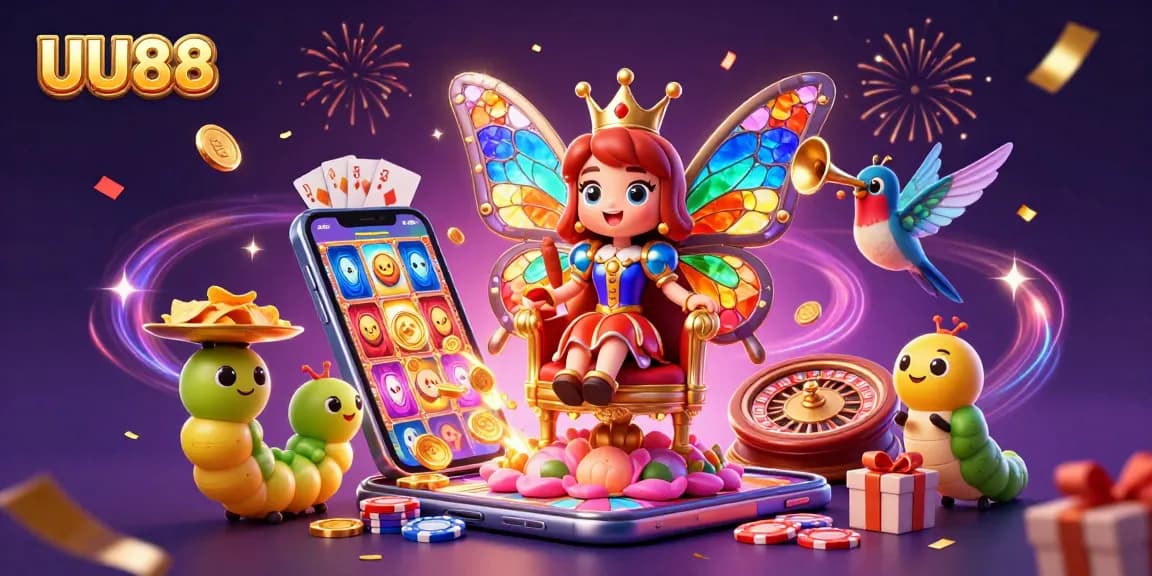 Experience the excitement of UU88 with a vibrant casino-themed illustration featuring a butterfly queen.