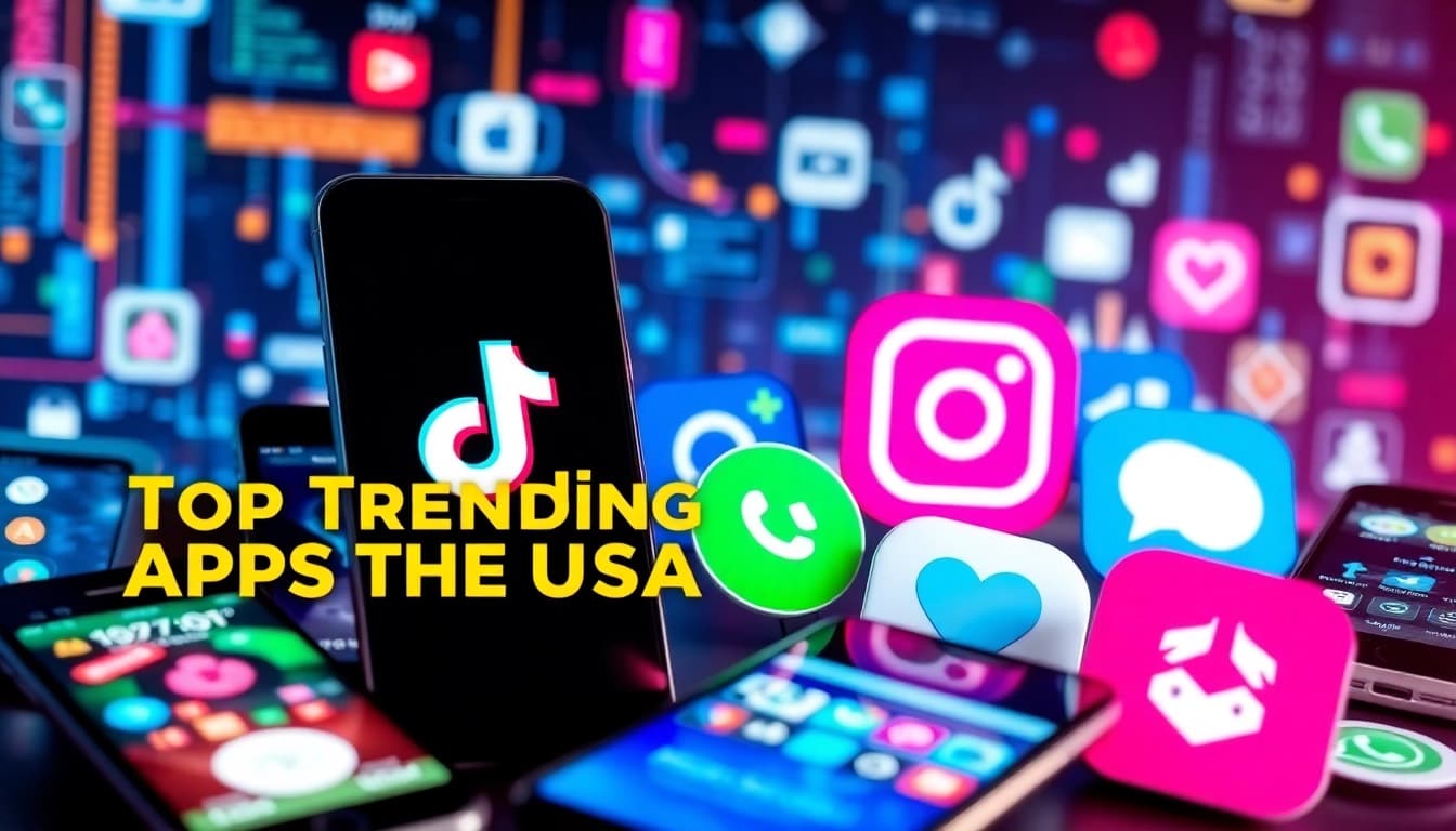 Visual representation of trending apps in USA, showcasing popular app logos and tech elements.