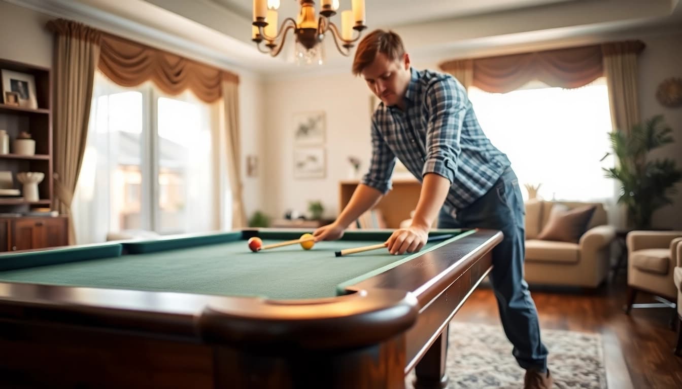 Pool table mover disassembling a slate pool table professionally in a bright living room.