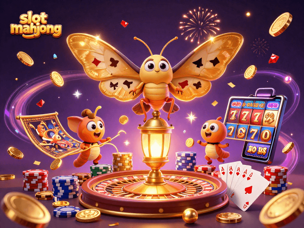Putaran permainan slot mahjong dengan elemen kasino seperti koin emas dan kartu yang menari-nari.