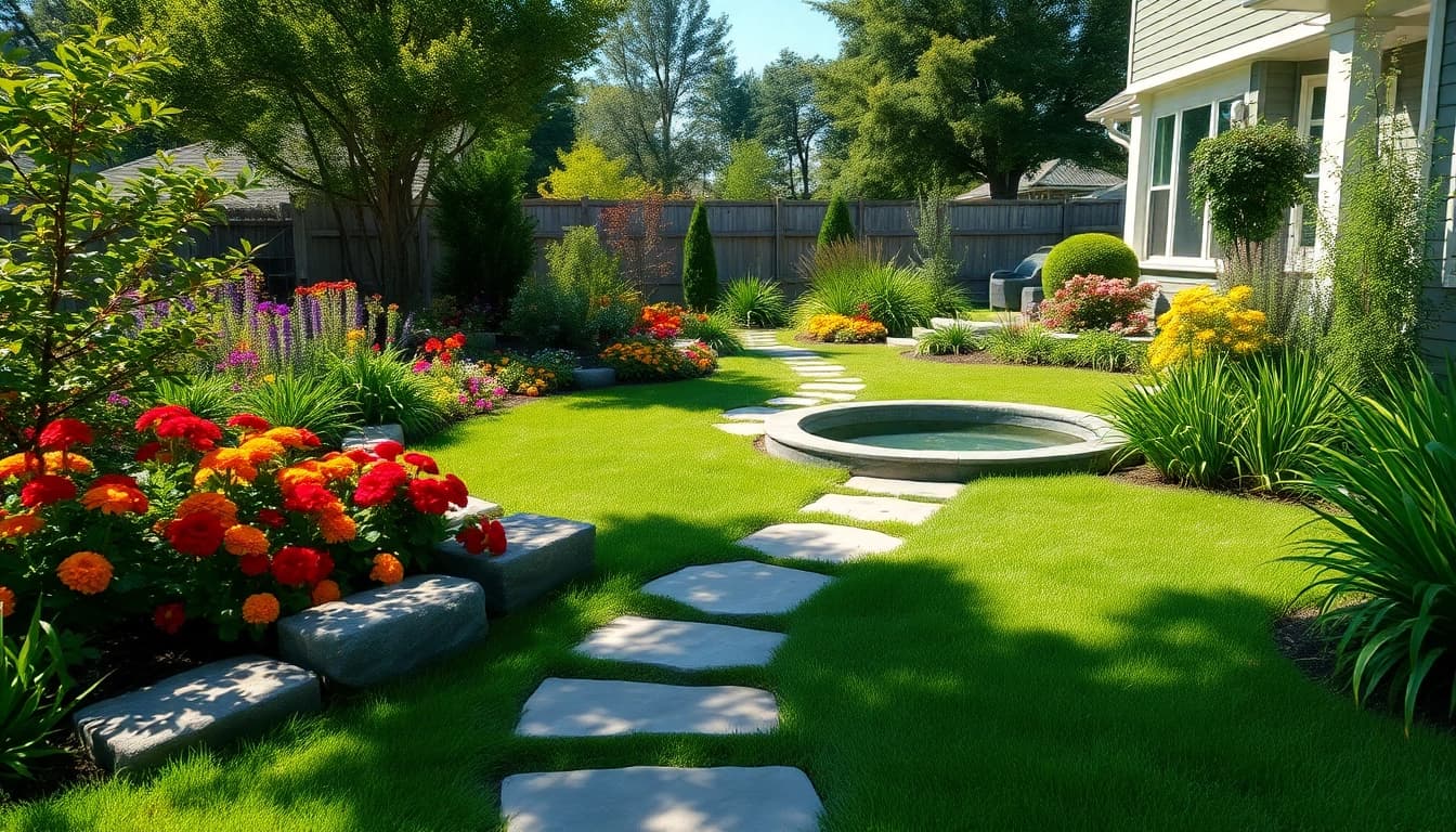Stunning backyard landscaping with vibrant flowers and tranquil water feature.