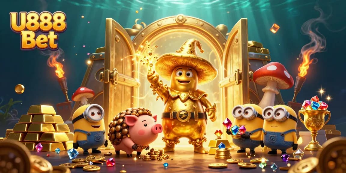 Enjoy thrilling gaming with U888 Bet's vibrant treasure scene filled with gold and gems.