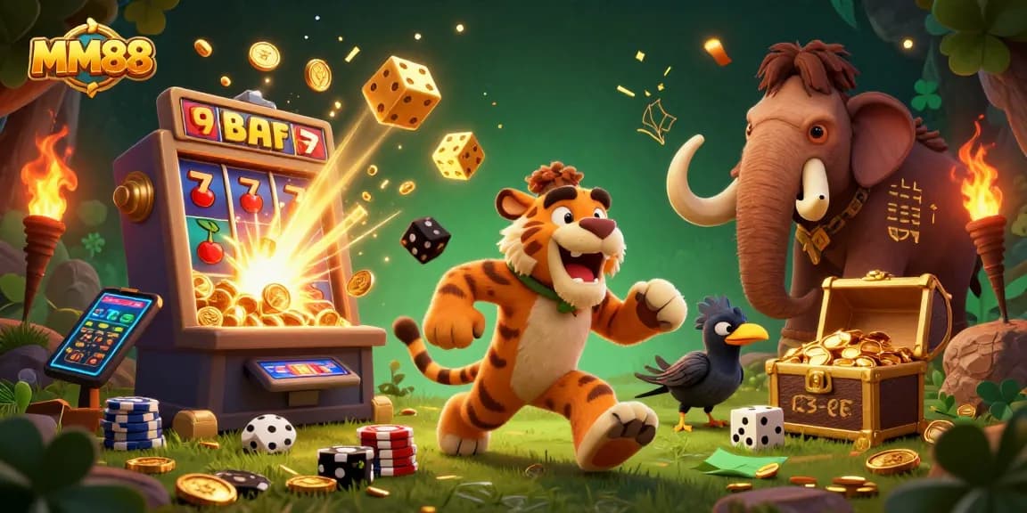 Experience exciting gameplay at MM88 with a vibrant prehistoric casino scene featuring unique characters and thrilling elements.
