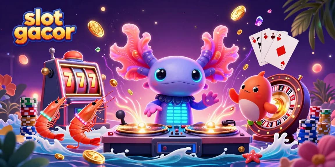 Menangkan slot gacor dengan DJ aksolotl neon sambil dikelilingi koin emas dan mesin slot.