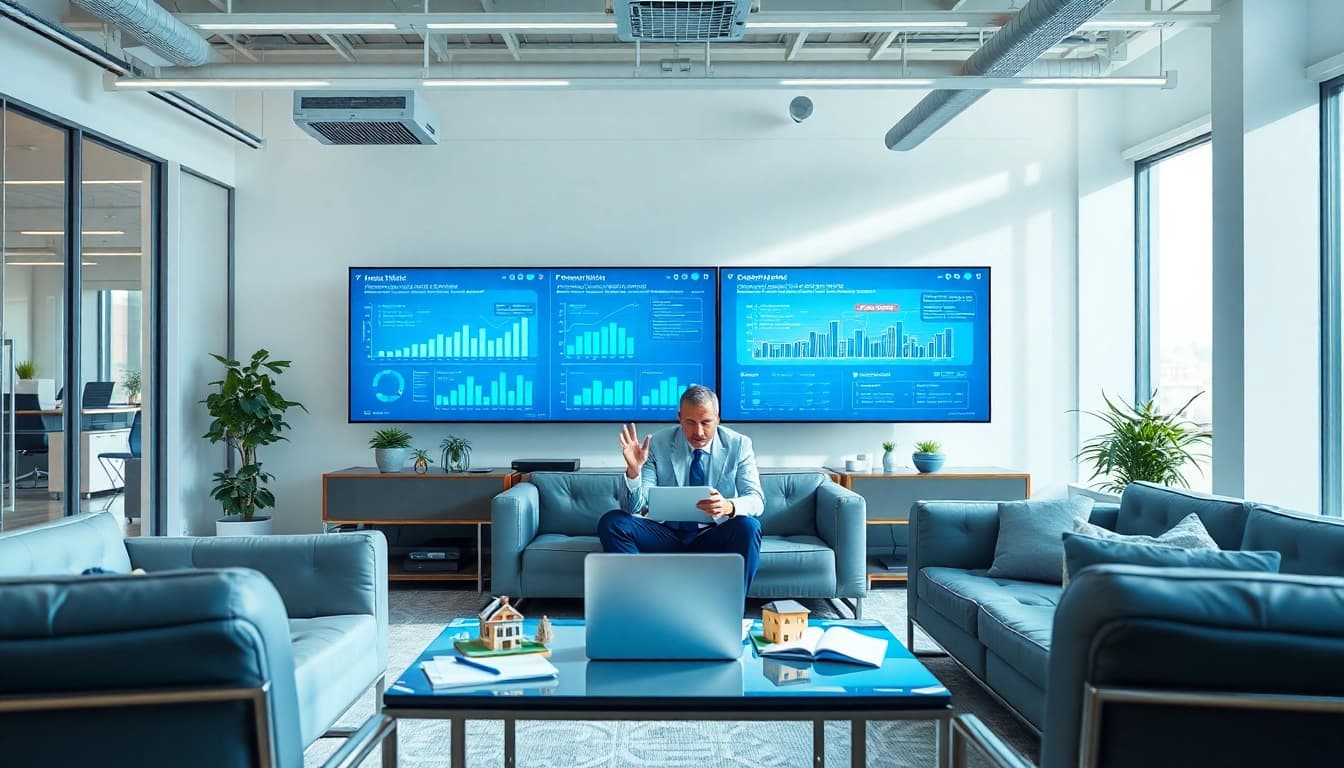 Create an AI content engine for property developers in a modern office with innovative tech.