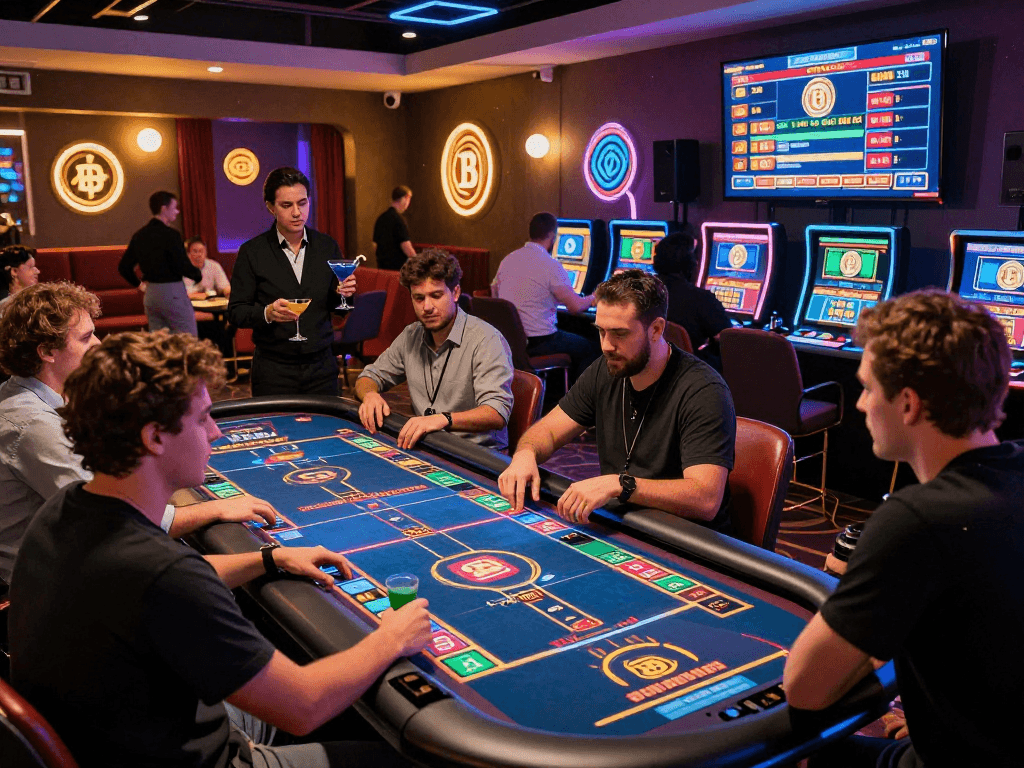 Exciting crypto casino scene with players enjoying live games and digital betting displays.