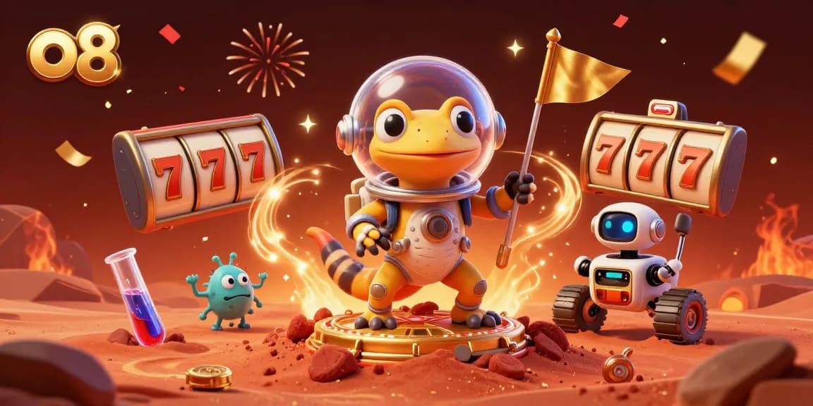 Win big at o8's vibrant casino featuring a Martian gecko and a robot, celebrating jackpots in style!