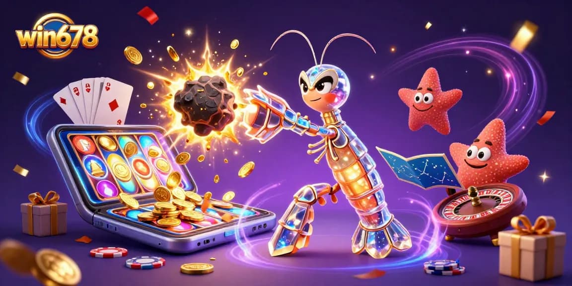 Experience win678 with a colorful 3D casino gaming scene featuring a mantis shrimp and starfish.