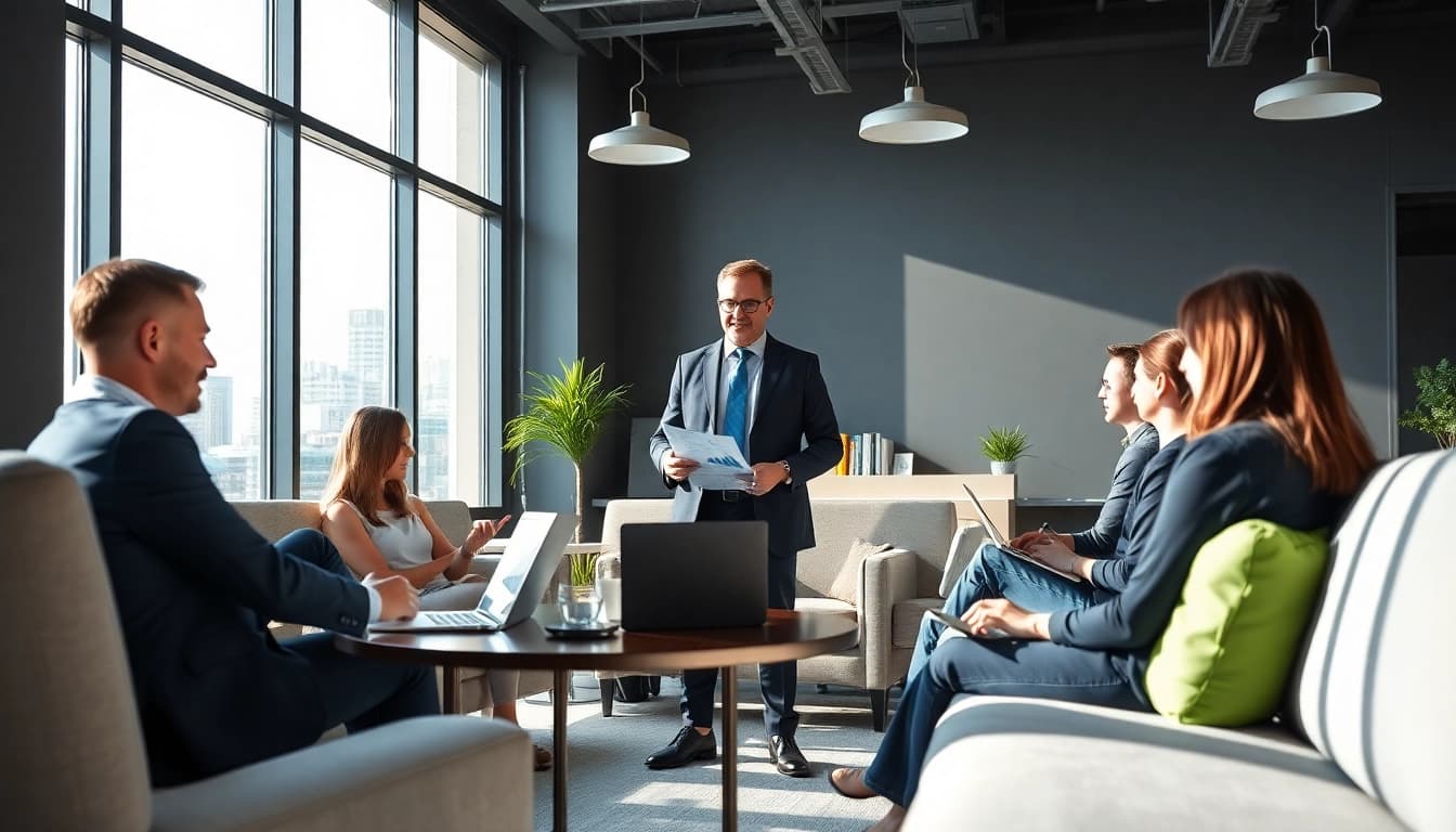 Marketing director guiding a dynamic team meeting in a modern office space.