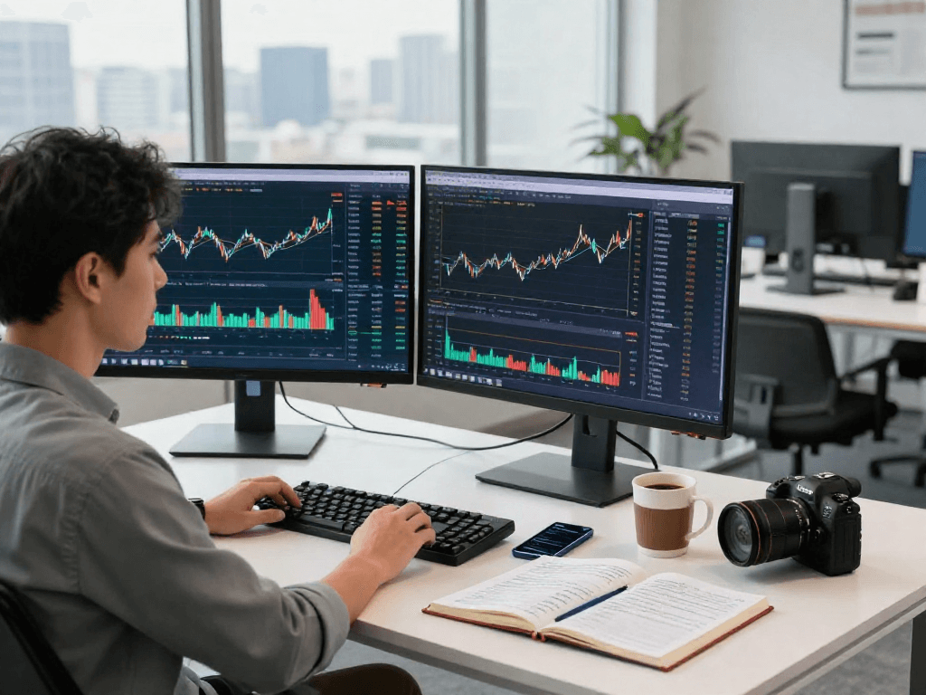 使用TradingView分析市场行情的交易员在现代办公空间专注工作