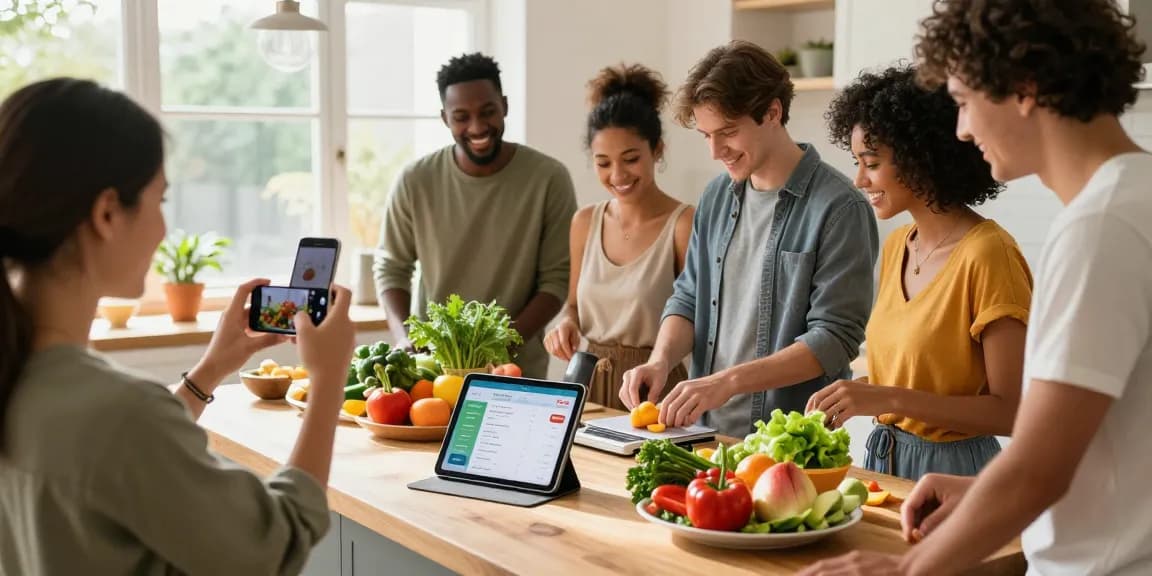 Friends using the best AI calorie tracker app while preparing a healthy meal together in a sunny kitchen.