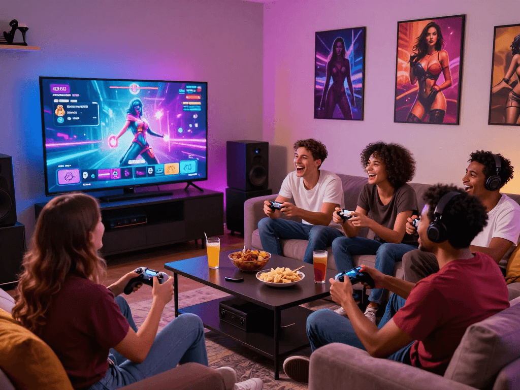 Group enjoying sex games together in a cozy gaming setup, showcasing vibrant atmosphere and engagement.