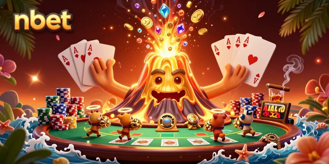 Experience the excitement of nbet with a golden volcano, treasure-exploring animals, and vibrant casino elements.