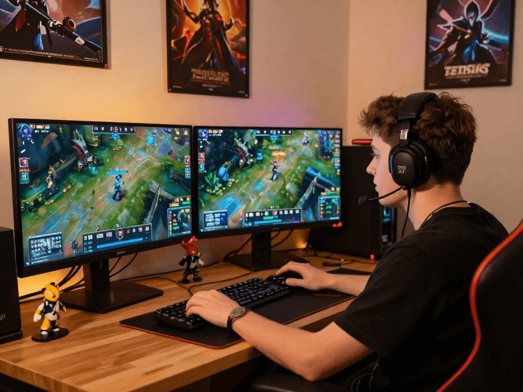 Rollebting enthusiast analyzing live League of Legends stats and betting odds in a cozy gaming room.