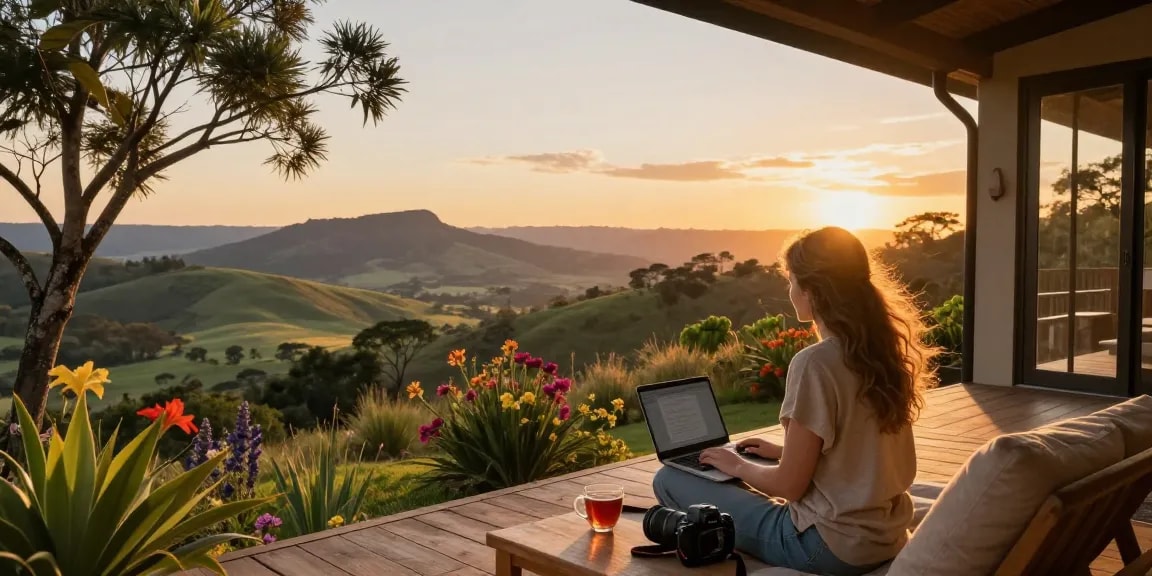 Stunning sunset view at a Magaliesburg accommodation lodge with traveler relaxing on the deck.