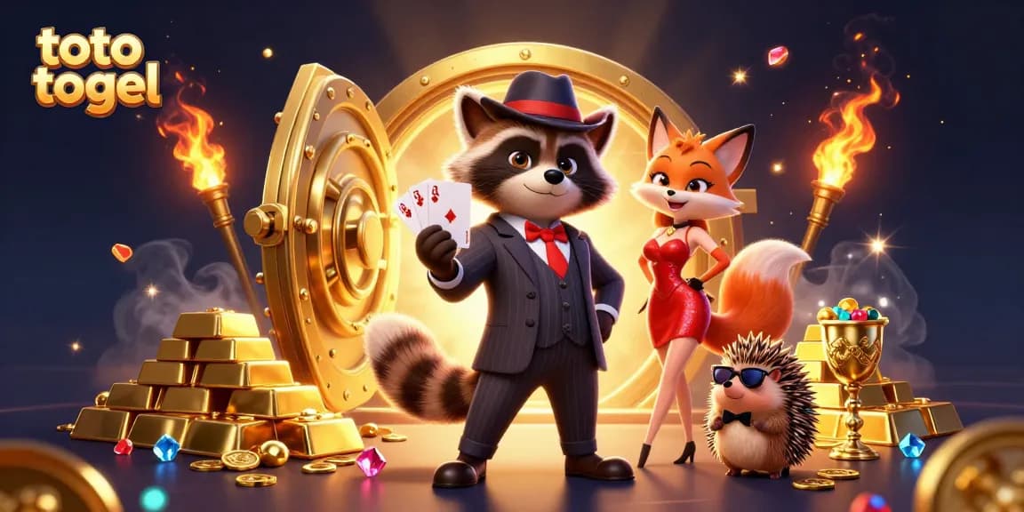 Experience thrilling toto togel gameplay with a charming raccoon, fox, and hedgehog amidst dazzling casino treasures.