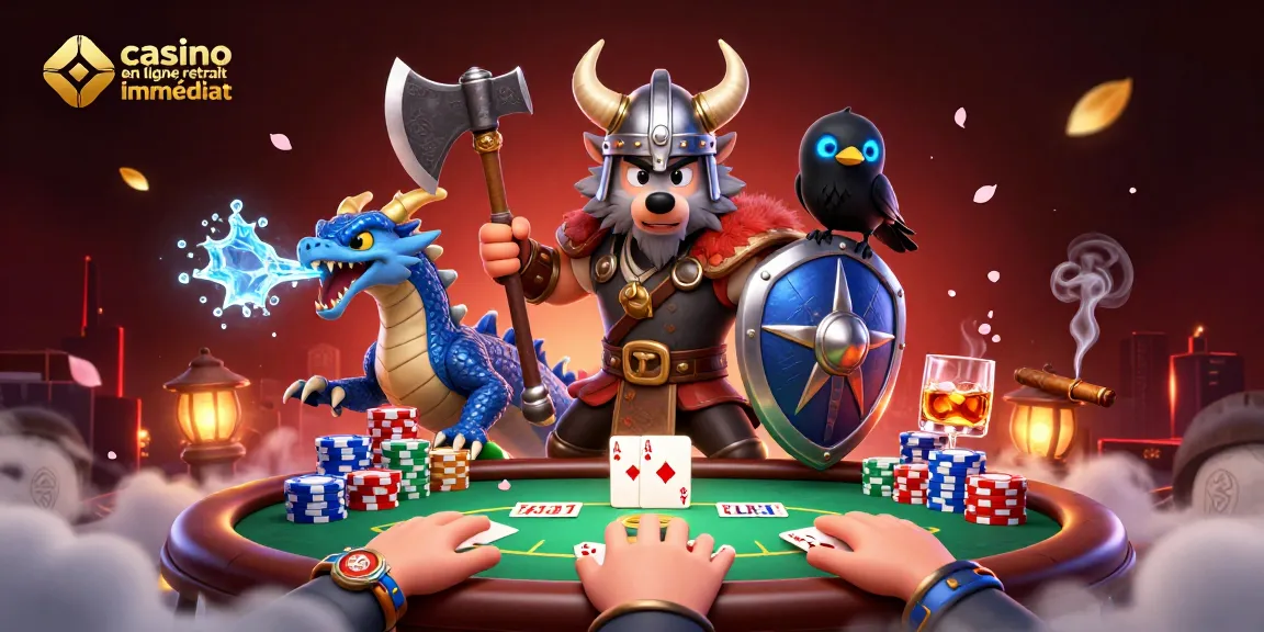 Illustration dynamique de casino en ligne retrait immédiat avec un guerrier loup, un dragon et des éléments de poker.