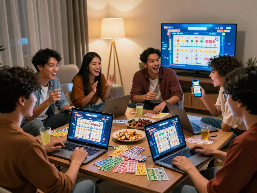 Friends enjoying bandar ze togel online lottery game night with laptops and snacks