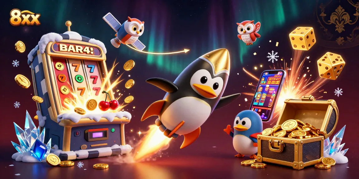Experience the thrill of 8xx with a stunning golden penguin soaring past jackpot explosions in a casino atmosphere.