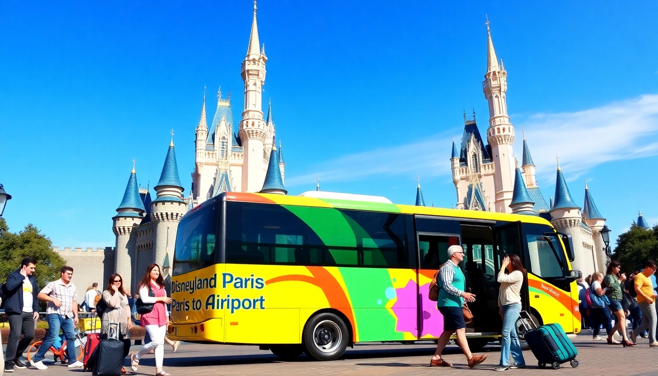 Travelers boarding a shuttle bus for disneyland paris to airport transportation near Disneyland Paris.