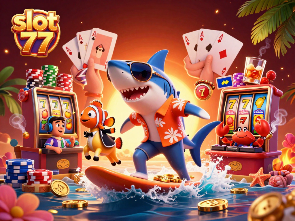 Take a thrilling spin with slot 77 in this vibrant casino scene featuring a surfing shark.