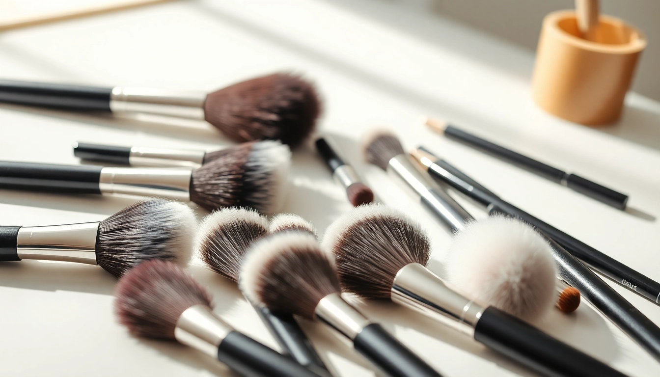 Applying makeup flawlessly with a dense makeup brush set on a clear vanity.