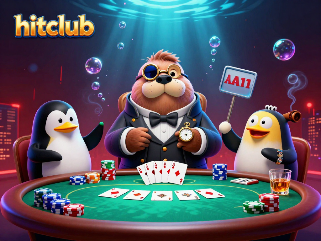Join the hitclub poker game with a charming walrus, penguin dealer, and a bluffing pufferfish.