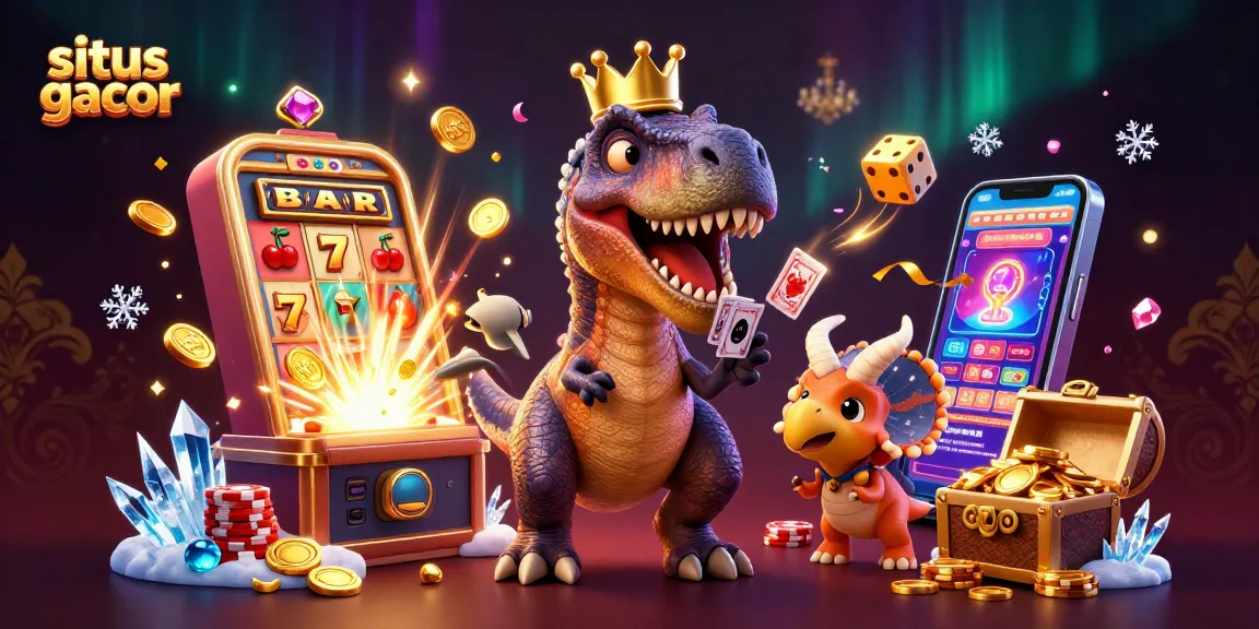 Enjoy exciting gaming at situs gacor with a T-Rex shuffling cards and a baby triceratops stacking chips.