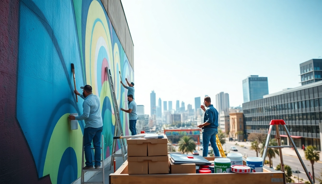 Creating a striking painting commercial mural on a building with vivid colors and dynamic professionals.