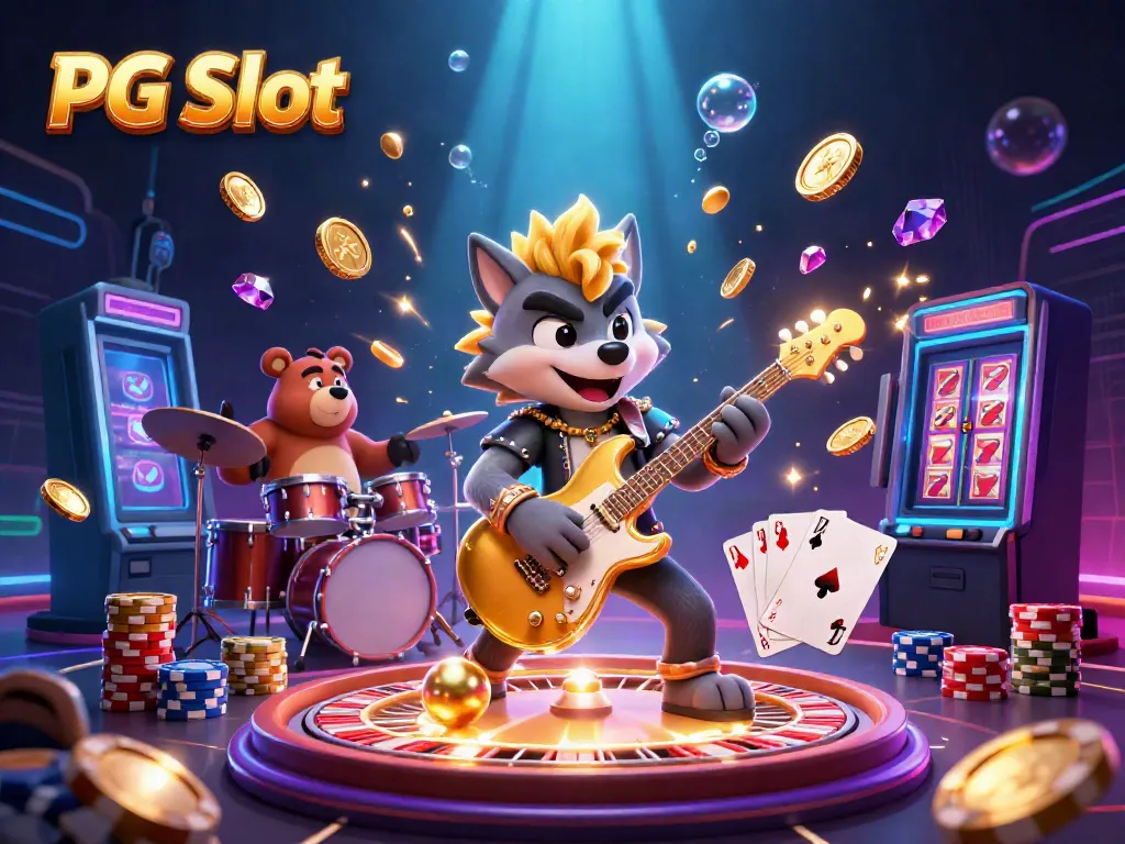 Slot PG yang mengasyikkan dengan wolf rock star dan bear drummer beraksi di panggung kasino.