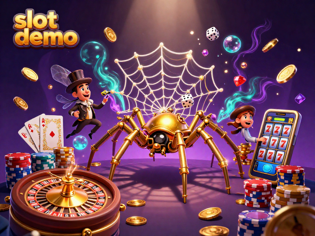 Slot demo menampilkan laba-laba steampunk berkilau dengan uang emas dan kartu bermain di sekeliling.