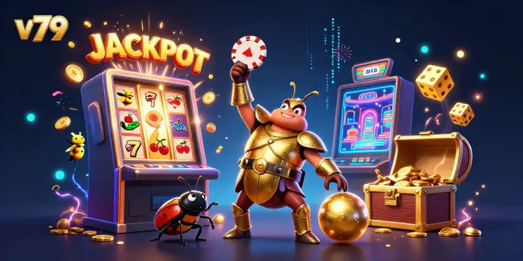 Experience the excitement of v79 with a playful 3D illustration of a beetle hero lifting a poker chip amidst a vibrant casino scene.