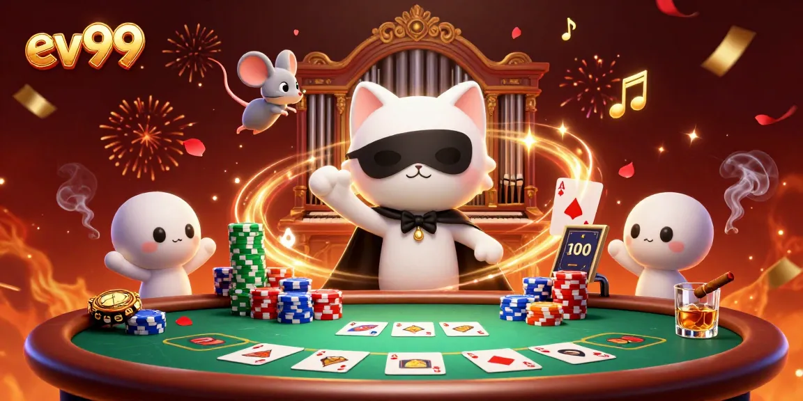 Engage with ev99's thrilling casino adventure featuring a masked cat and acrobatic mouse.