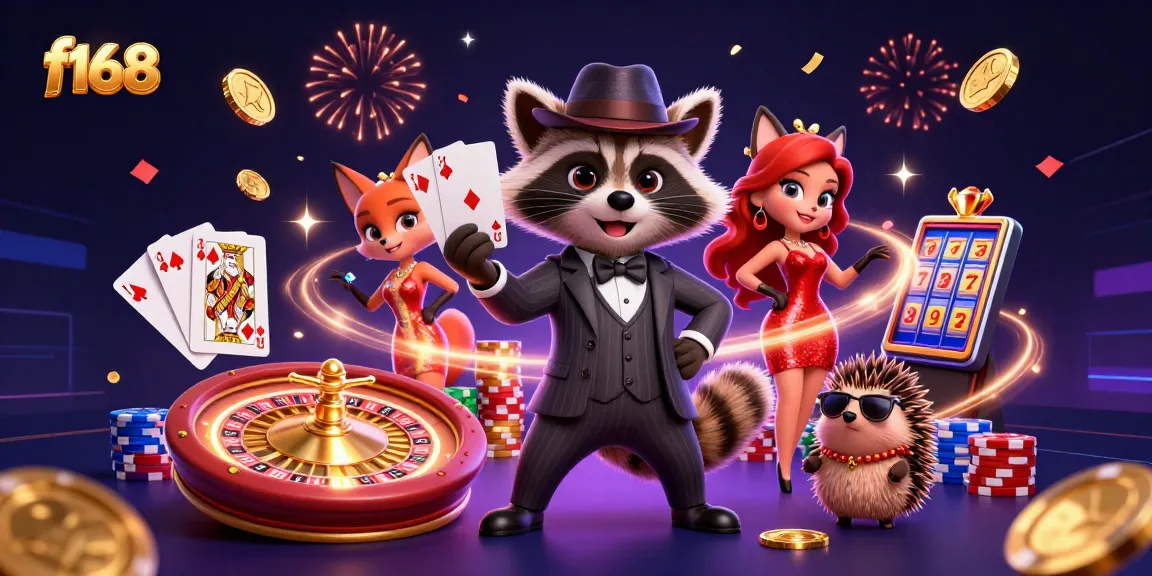 Experience the thrill of f168 with a raccoon and fox at a vibrant casino scene.